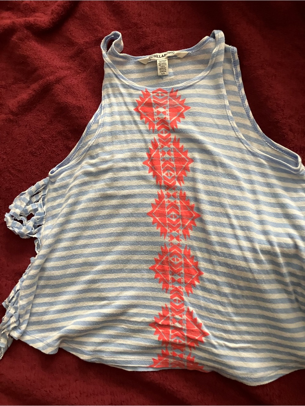 Billabong Light Blue and White Striped Tank with Coral Aztec Center Print